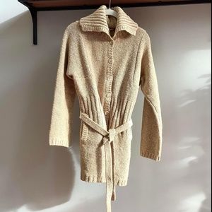 J.CREW 50% Wool “Wheat” Marled Cardigan with Shawl Collar Belt, Size L / M EUC